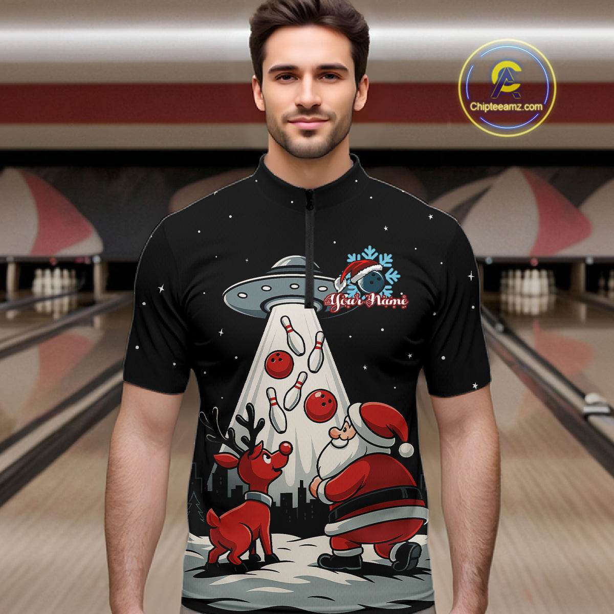 Funny Santa UFO Alien Black Bowling Polo, 1/4 Zip Shirts For Men Custom Christmas Team Bowling Jersey NQS10766