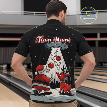 Funny Santa UFO Alien Black Bowling Polo, 1/4 Zip Shirts For Men Custom Christmas Team Bowling Jersey NQS10766