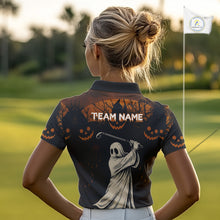 Load image into Gallery viewer, Funny black and orange Ghost Golfer Halloween Golf Polo Shirt For Women Custom golf attire for ladies NQS10767