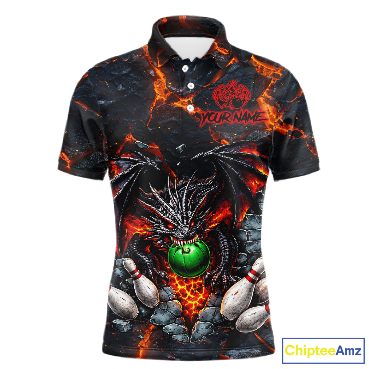 Custom Black And Orange Magma Dragon Bowling Shirts, Dragon Bowling Team Polo, 1/4 zip Jersey For Men NQS11559
