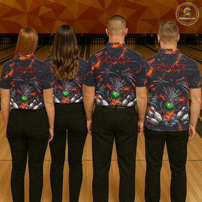 Custom Black And Orange Magma Dragon Bowling Shirts, Dragon Bowling Team Polo, 1/4 zip Jersey For Men NQS11559