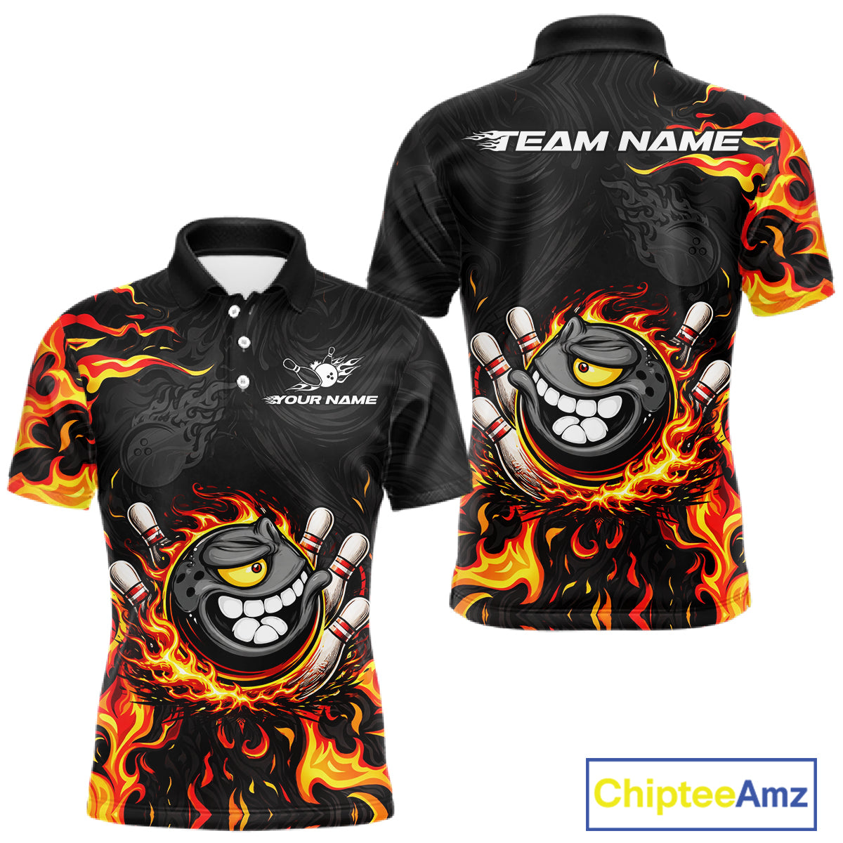 Funny Angry Bowling Polo, 1/4 Zip Shirt for Men Custom Black and Orange Flame Bowling Team jerseys NQS11683