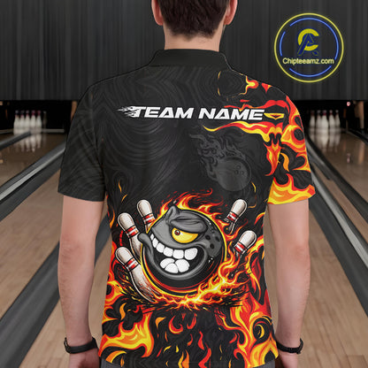 Funny Angry Bowling Polo, 1/4 Zip Shirt for Men Custom Black and Orange Flame Bowling Team jerseys NQS11683