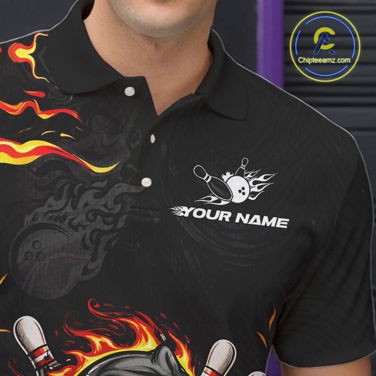 Funny Angry Bowling Polo, 1/4 Zip Shirt for Men Custom Black and Orange Flame Bowling Team jerseys NQS11683