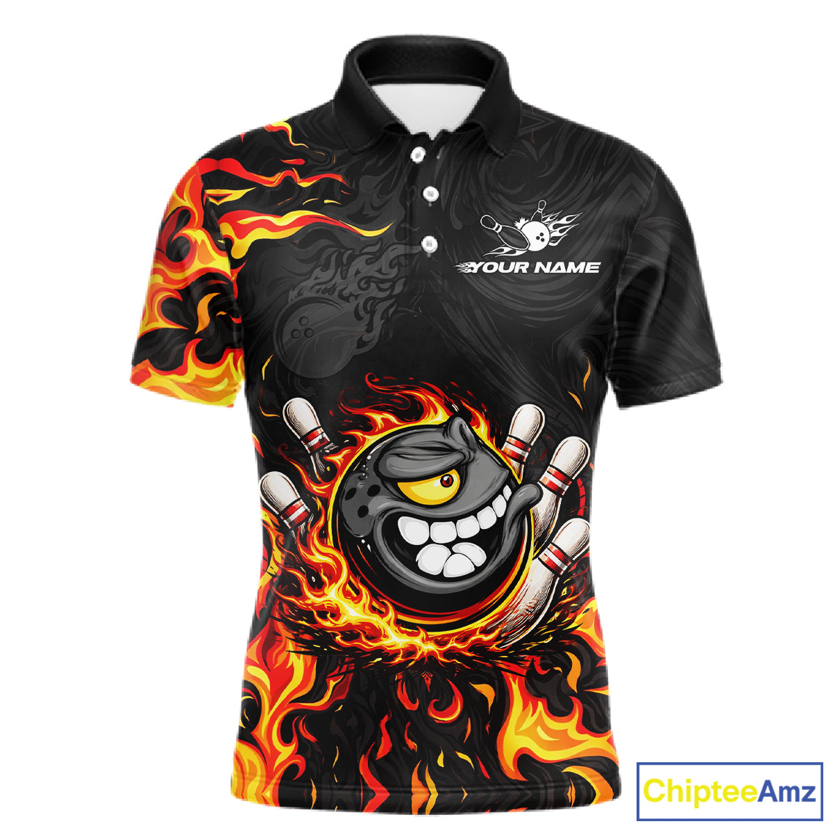 Funny Angry Bowling Polo, 1/4 Zip Shirt for Men Custom Black and Orange Flame Bowling Team jerseys NQS11683