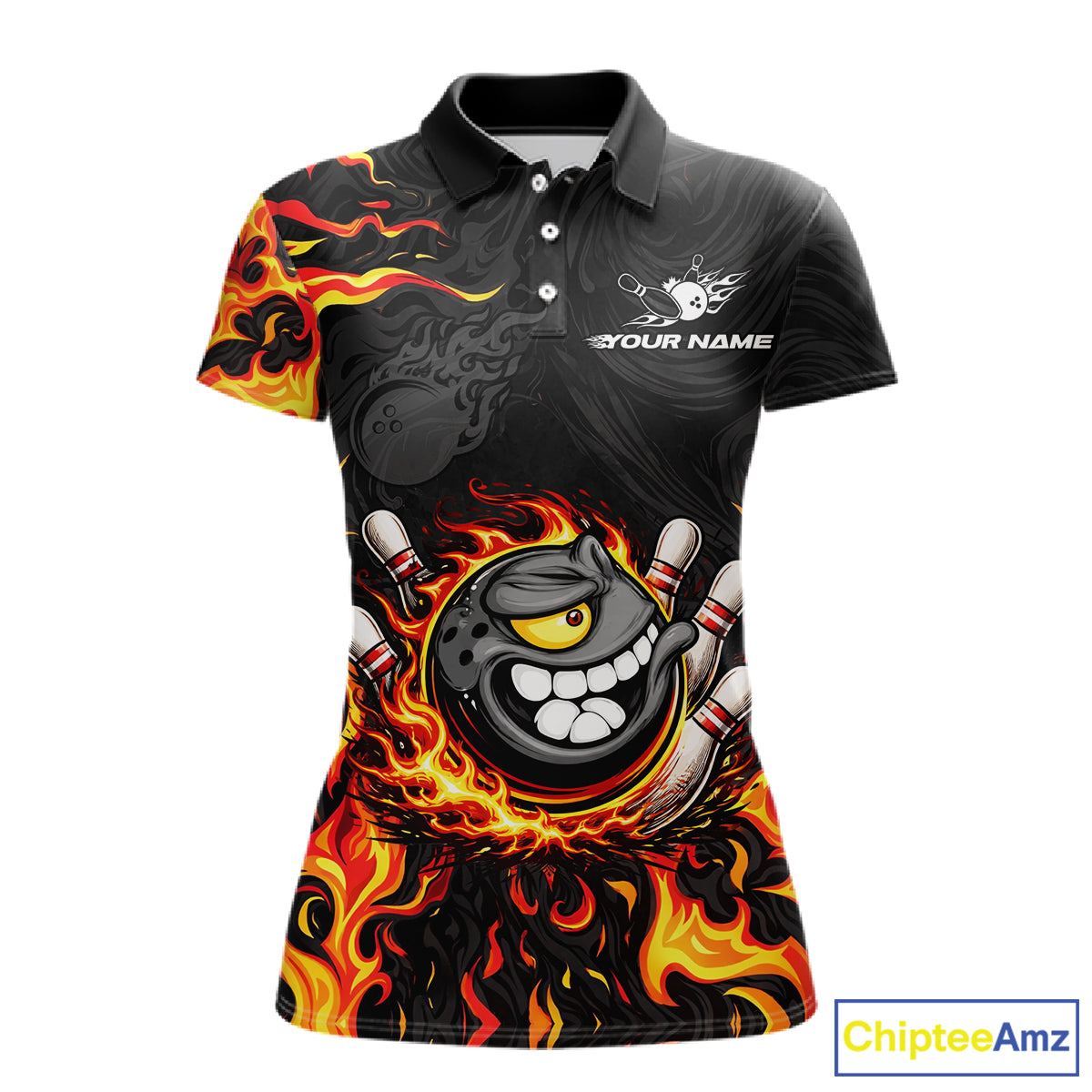 Funny Angry Bowling Polo, 1/4 Zip Shirt for Women Custom Black and Orange Flame Bowling Team jerseys NQS11683