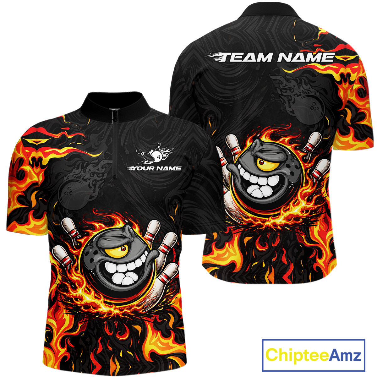 Funny Angry Bowling Polo, 1/4 Zip Shirt for Men Custom Black and Orange Flame Bowling Team jerseys NQS11683