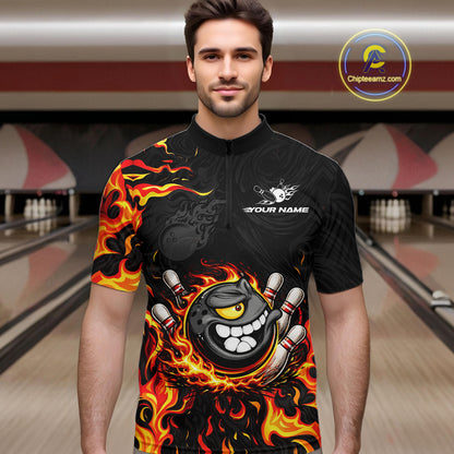 Funny Angry Bowling Polo, 1/4 Zip Shirt for Men Custom Black and Orange Flame Bowling Team jerseys NQS11683