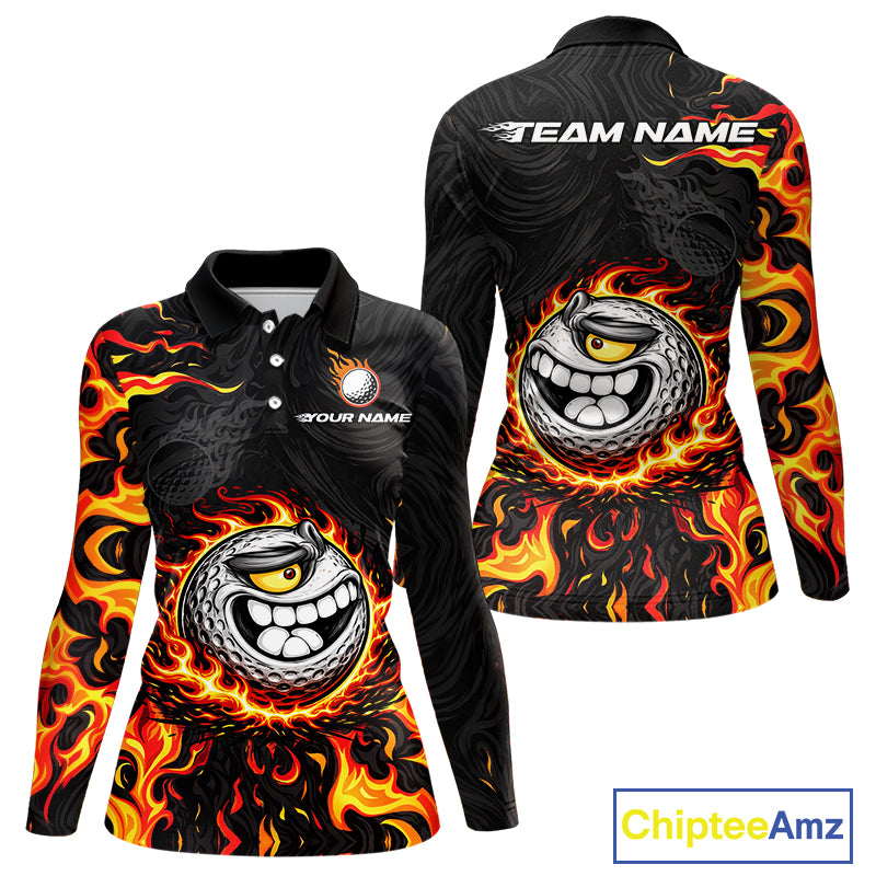 Funny Angry Golf Ball Golf Polo Shirts For Women Custom Black and Orange Flame ladies golf apparel NQS11684