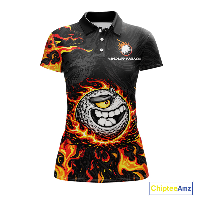 Funny Angry Golf Ball Golf Polo Shirts For Women Custom Black and Orange Flame ladies golf apparel NQS11684