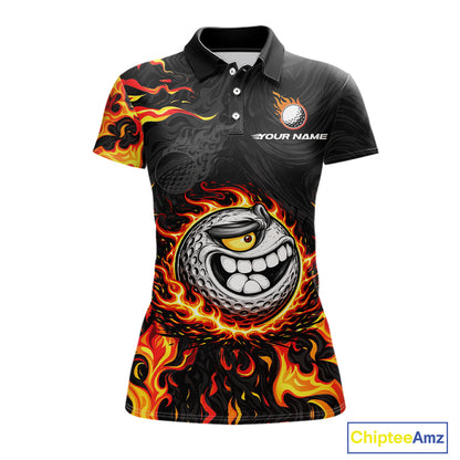 Funny Angry Golf Ball Golf Polo Shirts For Women Custom Black and Orange Flame ladies golf apparel NQS11684