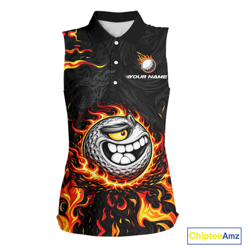 Funny Angry Golf Ball Sleeveless Golf Polo Shirt Custom Black and Orange Flame ladies golf apparel NQS11684