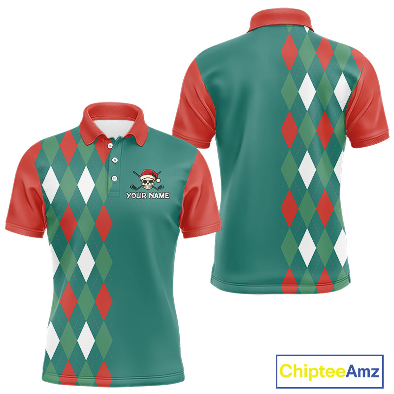 Green, Red and White Christmas argyle pattern Skull Golf Polo Shirt For Men Custom mens golf outfit NQS10770