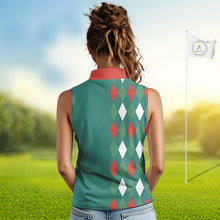 Load image into Gallery viewer, Green, Red &amp; White Christmas argyle pattern Skull Sleeveless Polo Shirt Custom ladies golf outfit NQS10770