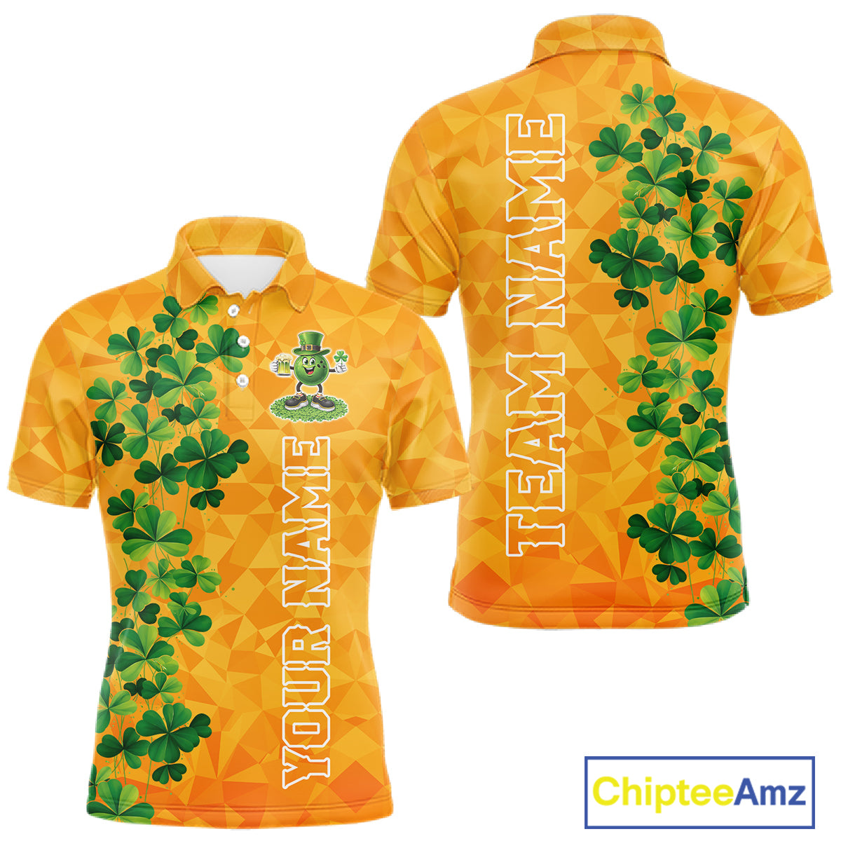 Orange pattern Green clovers St Patrick's Day Bowling Shirts for Men Custom Bowling Team jerseys NQS11696