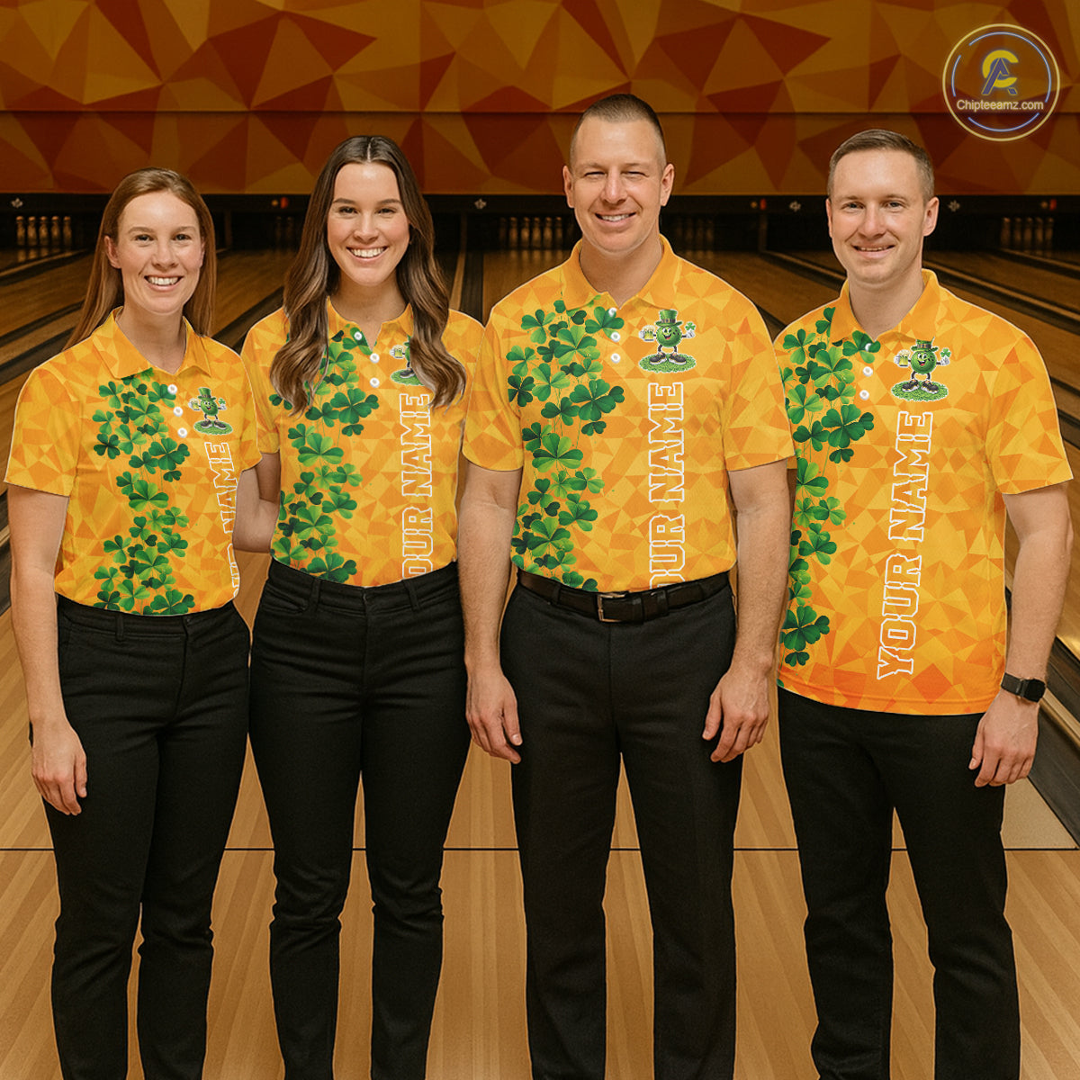 Orange pattern Green clovers St Patrick's Day Bowling Shirts for Women Custom Bowling Team jerseys NQS11696
