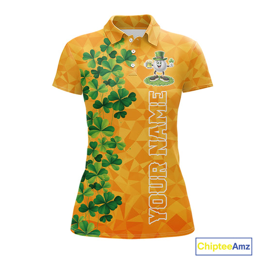 Orange pattern Green clovers St Patrick's Day Women Golf Polo shirt Custom best golf gifts for ladies NQS11697