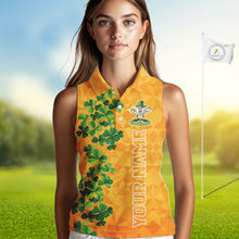 Load image into Gallery viewer, Orange pattern Green clovers St Patrick's Day Sleeveless Golf shirt Custom best golf gifts for ladies NQS11697