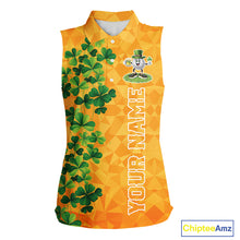 Load image into Gallery viewer, Orange pattern Green clovers St Patrick's Day Sleeveless Golf shirt Custom best golf gifts for ladies NQS11697