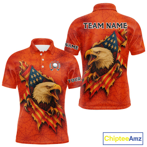 American Flag Eagle Orange spider web Halloween Golf Polo Shirt For Men Custom mens golf outfit NQS10774