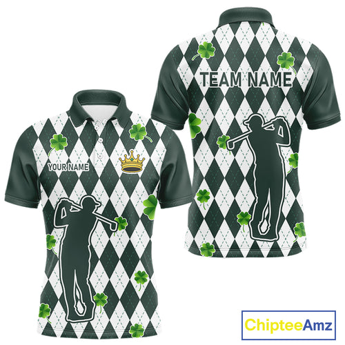 Green argyle pattern lucky shamrock Golf Polo Shirt For Men Custom St. Patrick's mens golf outfit NQS10775