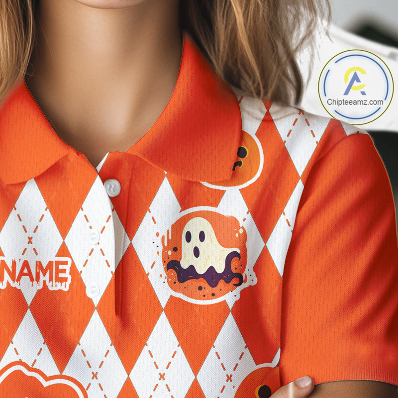 Orange argyle pattern pumpkin Golf Polo Shirt For Women Custom Halloween ladies golf outfit NQS10776