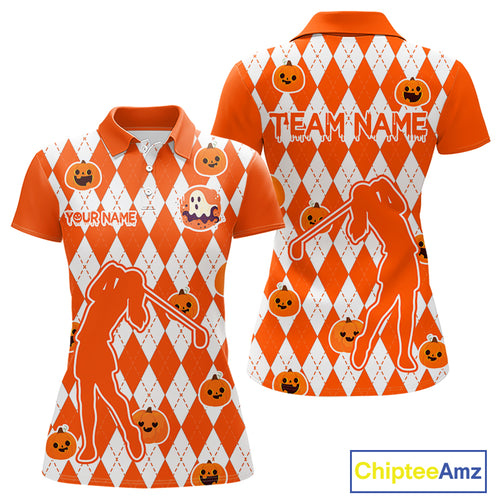 Orange argyle pattern pumpkin Golf Polo Shirt For Women Custom Halloween ladies golf outfit NQS10776