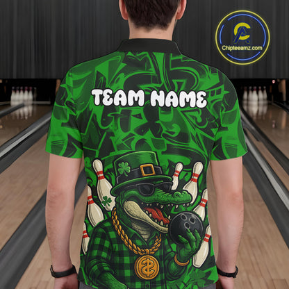 Funny Alligator Bowling Shirts For Men Custom Green graffiti pattern St Patrick Bowling Team Jersey NQS11161