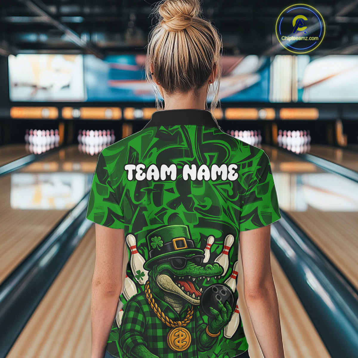 Funny Alligator Bowling Shirts For Women Custom Green graffiti pattern St Patrick Bowling Team Jersey NQS11161