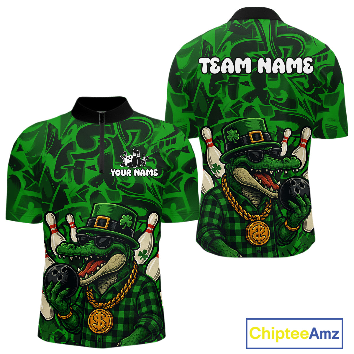 Funny Alligator Bowling Shirts For Men Custom Green graffiti pattern St Patrick Bowling Team Jersey NQS11161