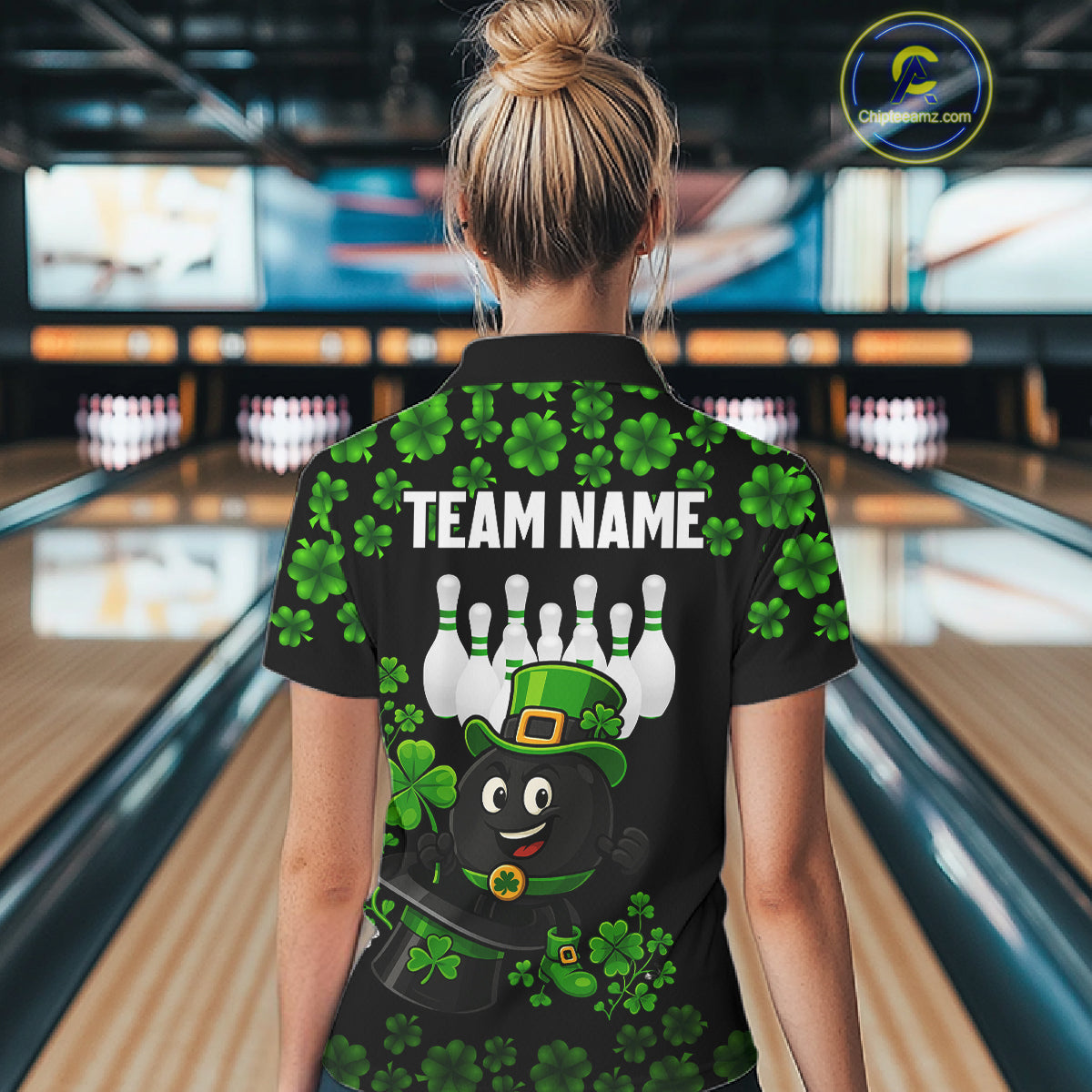 Black and Green Shamrock Funny Bowling Shirts For Women Custom St Patrick's Day Bowling Team Jersey NQS11163