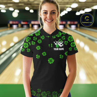 Black and Green Shamrock Funny Bowling Shirts For Women Custom St Patrick's Day Bowling Team Jersey NQS11163