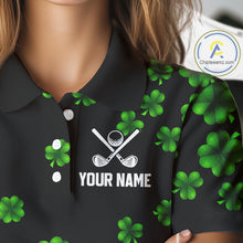 Load image into Gallery viewer, Black and Green Shamrock Funny Golf Polo Shirt For Women Custom St Patrick's Day ladies golf outfit NQS11164