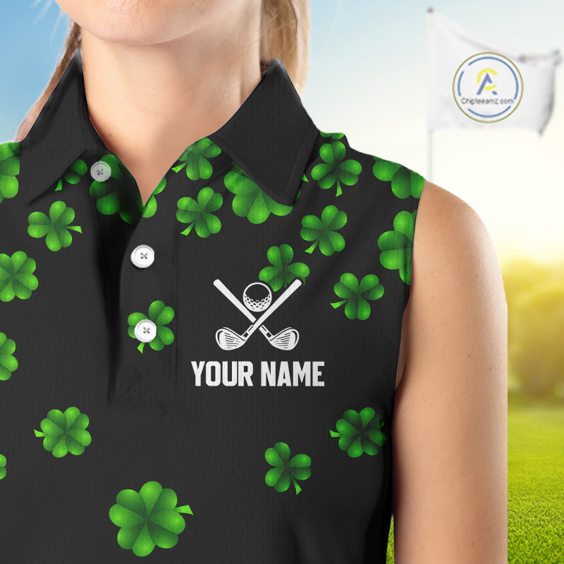 Black and Green Shamrock Funny Sleeveless Golf Polo Shirt Custom St Patrick's Day ladies golf outfit NQS11164