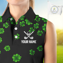 Load image into Gallery viewer, Black and Green Shamrock Funny Sleeveless Golf Polo Shirt Custom St Patrick's Day ladies golf outfit NQS11164