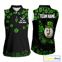 Load image into Gallery viewer, Black and Green Shamrock Funny Sleeveless Golf Polo Shirt Custom St Patrick's Day ladies golf outfit NQS11164