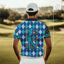 Load image into Gallery viewer, Personalized golf polo shirts for men blue argyle pattern black American Flag patriotic golf shirts NQS11368