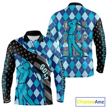 Load image into Gallery viewer, Personalized golf polo shirts for men blue argyle pattern black American Flag patriotic golf shirts NQS11368