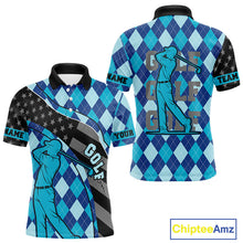 Load image into Gallery viewer, Personalized golf polo shirts for men blue argyle pattern black American Flag patriotic golf shirts NQS11368