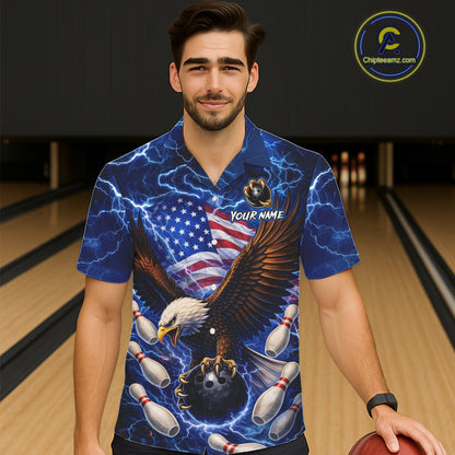 Blue Lightning Thunder US Flag Eagle Bowling Hawaiian Shirt Custom Patriotic Team Bowling Jerseys NQS11580
