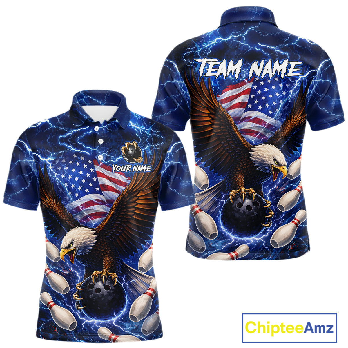 Blue Lightning Thunder US Flag Eagle Bowling Shirts for Men Custom Patriotic Team Bowling Jerseys NQS11580