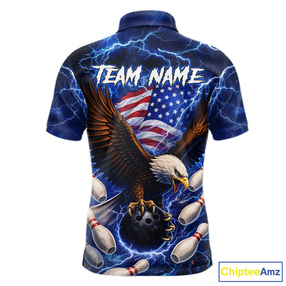 Blue Lightning Thunder US Flag Eagle Bowling Shirts for Men Custom Patriotic Team Bowling Jerseys NQS11580
