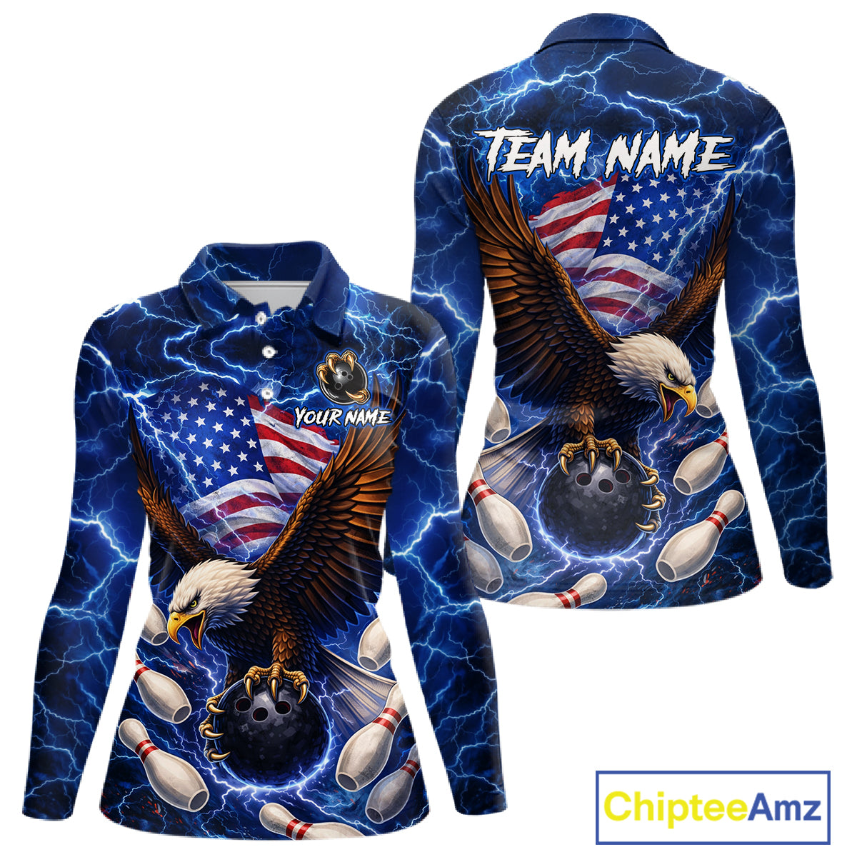 Blue Lightning Thunder US Flag Eagle Bowling Shirts for Women Custom Patriotic Team Bowling Jerseys NQS11580