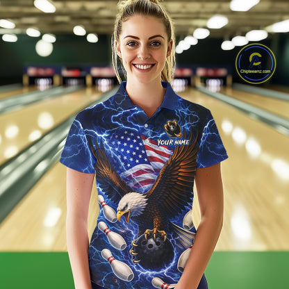 Blue Lightning Thunder US Flag Eagle Bowling Shirts for Women Custom Patriotic Team Bowling Jerseys NQS11580