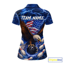 Load image into Gallery viewer, Blue Lightning Thunder US Flag Eagle Bowling Shirts for Women Custom Patriotic Team Bowling Jerseys NQS11580