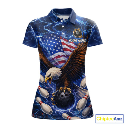 Blue Lightning Thunder US Flag Eagle Bowling Shirts for Women Custom Patriotic Team Bowling Jerseys NQS11580