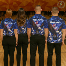 Load image into Gallery viewer, Blue Lightning Thunder US Flag Eagle Bowling Shirts for Women Custom Patriotic Team Bowling Jerseys NQS11580