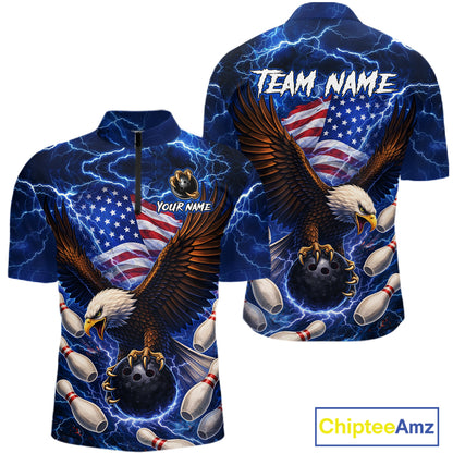 Blue Lightning Thunder US Flag Eagle Bowling Shirts for Men Custom Patriotic Team Bowling Jerseys NQS11580