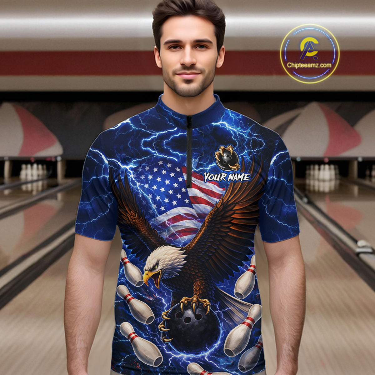 Blue Lightning Thunder US Flag Eagle Bowling Shirts for Men Custom Patriotic Team Bowling Jerseys NQS11580