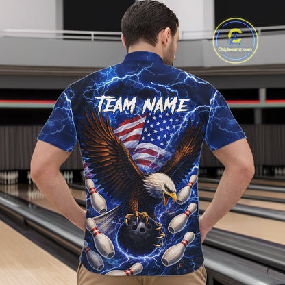 Blue Lightning Thunder US Flag Eagle Bowling Shirts for Men Custom Patriotic Team Bowling Jerseys NQS11580